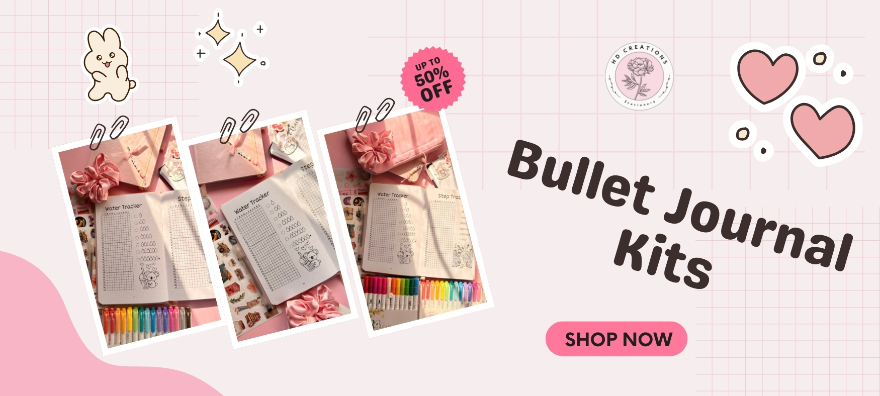 Pink And Brown Illustrative Stationery Shop Cute Banner Landscape